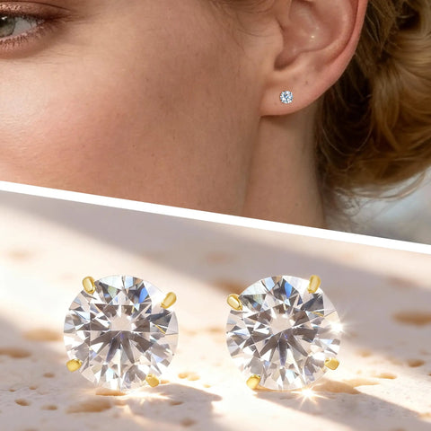 Hypoallergenic Titanium Screw Back Earrings Set Three Pairs VVS1 Sparkling Moissanite Studs worn on ear with pastel background