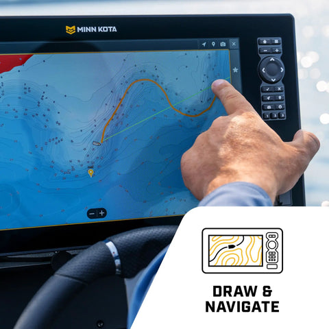 Hand interacting with a navigation screen displaying sonar maps for Next Gen Trolling Motor Featuring Dual Spectrum Chirp Sonar And A Rock Solid Spot Lock GPS.