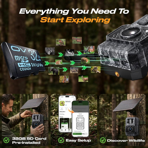 Kickass Solar Trail Camera With No Sweat WiFi And Bluetooth Hookup 4K Night Vision Footage displaying SD card, app setup, and wildlife.