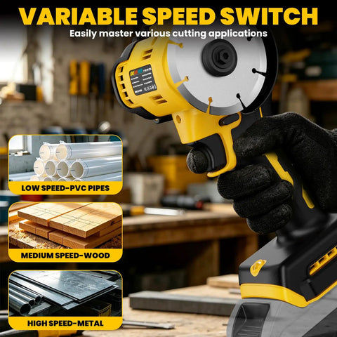 Badass Cordless Cut Off Tool With Brushless Motor And Variable Speed showcasing variable speed switch for cutting PVC, wood, and metal.