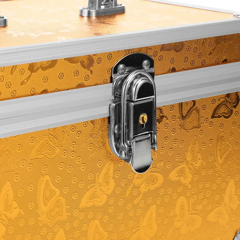 Close-up of Built Tough Aluminum Tool Box With Secure Lock And Heavy Duty Handle, showcasing secure latch and golden finish.