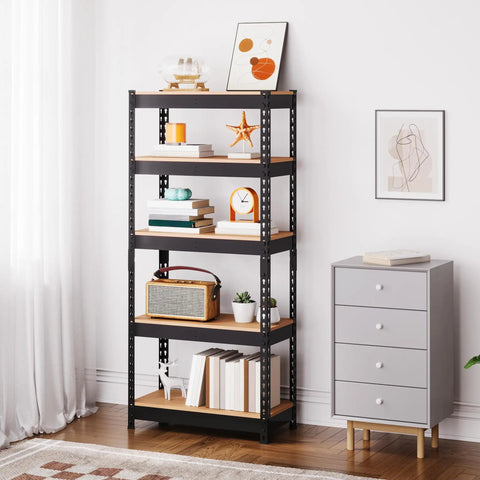 Premium Heavy Duty 5 Tier Storage Rack 2 Pack Adjustable Metal Shelving Unit in matte black filled with decorative items.