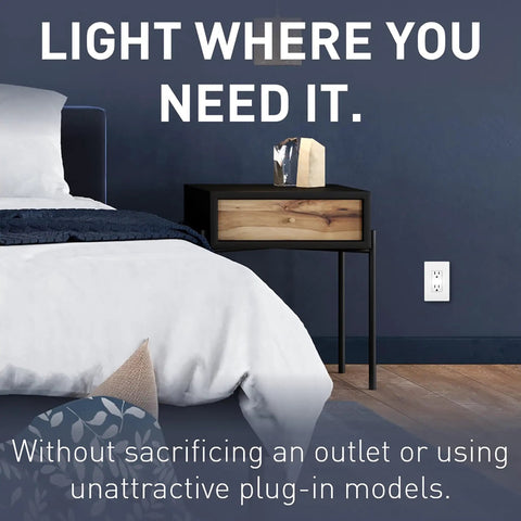 Bedroom scene with Five Level Adjustable LED Night Light Outlet In White Finish Tamper Resistant Electrical Outlet on wall.