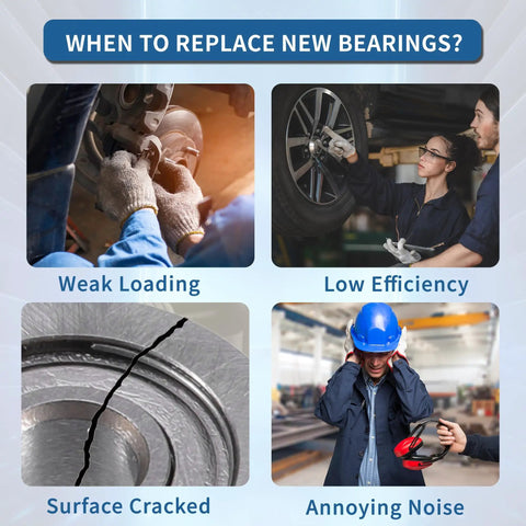 When to replace new bearings infographic showing weak loading, low efficiency, cracked surface, and annoying noise issues.