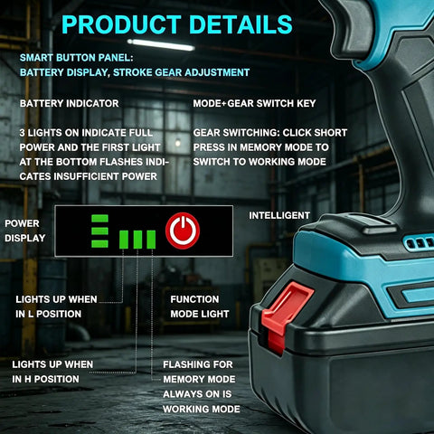 Top Shelf Cordless Electric Rivet Gun Ships With A Solid 5600mAh Battery And Bright Led Light showing smart button panel details.