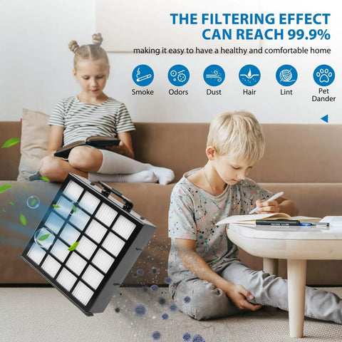 Children reading on sofa with image of AZ4002 Replacement Filter Set For Detect Pro Max capturing smoke, odors, dust particles.