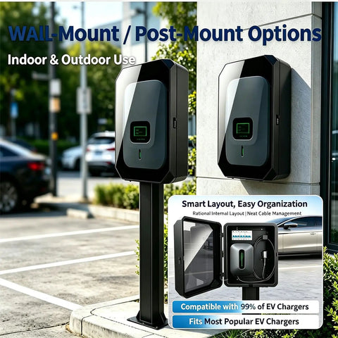 All Weather EV Charger Cover With Lockable Outdoor Charging Station Enclosure and Heavy Duty Metal Shield on wall and stand.
