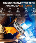 Pocket Sized Portable Arc Welder 110V Handheld With IGBT Inverter, showing welding in progress and benefits of advanced tech.