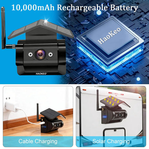 Magnetic Solar Wireless Backup Camera With Rechargeable Battery IP69 Weatherproof Build 1080p, 10,000mAh battery, solar and cable charging options.