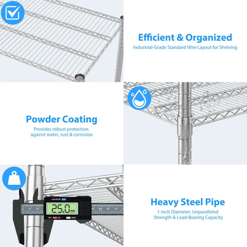 Heavy Duty Metal Shelving 4 Tier Storage Rack With Smooth Rolling Casters For Garage Or Kitchen Adjustable Chrome Wire Rack, powder coated, heavy steel pipes, and organized wire layout.