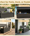 Built Tough Outdoor Storage Bench with 80 Gallon Lockable Waterproof Storage Chest, shown on patio, poolside, balcony, and veranda.