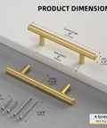 30 Pack Three Inch Hole Center Brushed Gold Stainless Steel Cabinet Handles with dimensions and screws for easy installation.