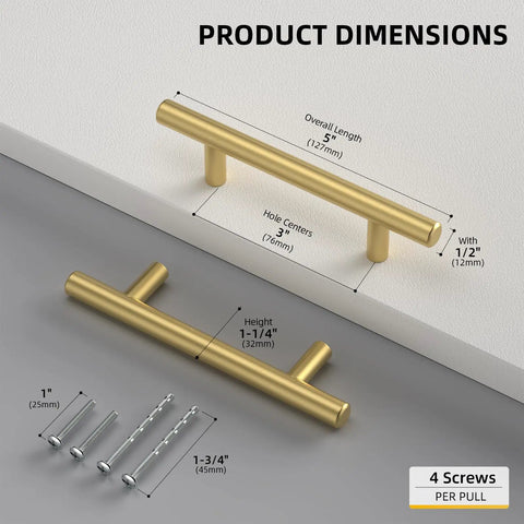 30 Pack Three Inch Hole Center Brushed Gold Stainless Steel Cabinet Handles with dimensions and screws for easy installation.