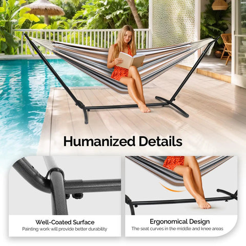 550 Lb Capacity Double Hammock With Stand And Carry Bag For Outdoors And Indoors, Heavy Duty Two Person Hammock With 60x80 Inch Bed installed poolside