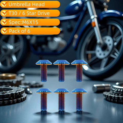 Badass Lightweight Titanium Bolts M6x15 Umbrella Head Star Drive Burnt Blue Six Piece Set for Bicycle Motorcycle and Car Setup