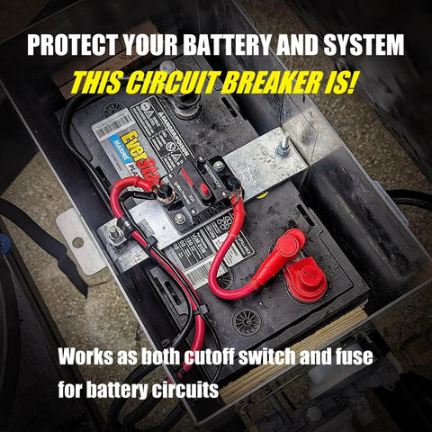 100Amp DC Circuit Breaker Manual Reset Battery Disconnect Switch Covers 12V-48V Voltage Blocks on a battery setup.