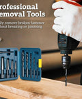Bolt Extractor Kit 10 Piece Set With Left Hand Drill Bits And HSS M2 Steel Drill Bits, shown with drill and open case
