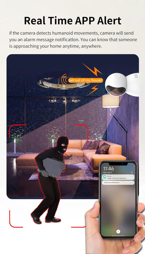 Clear Shot 4K Indoor Security Camera And Pet Watcher With 360 Pan Tilt Two Way Audio shows real-time alerts on phone.