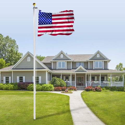 Heavy Duty 25 Foot Flag Pole Kit With 3x5 Foot US Flag Aluminum Outdoor Flagpole With Gold Ball Top in front of house