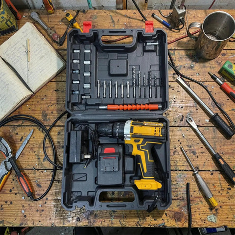Heavy Duty Cordless Power Drill and 21V Electric Screwdriver Set With Adjustable Torque, accessories and case on a workbench.