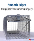 Medium One Door Live Catch Humane Trap For Rabbits Skunks Minks And Squirrels With Smooth Internal Edges And A Handle Guard For Safe Humane Release Pro Style Catch And Release Trap with open door showing interior.