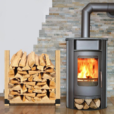 Firewood Log Storage Rack Bracket 4 Pack For Indoor And Outdoor Use next to a lit fireplace displaying stored logs