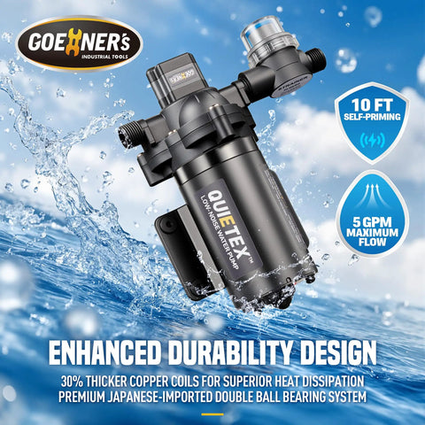 Zero Hassle 12V RV Water Pump With Smart Pressure Switch And Real Big GPM Flow Rating For Camper Marine Boat Trailer, sleek design with water splashes.