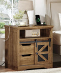 Top Shelf Farmhouse End Table With Built In Charging Station And Two Deep Storage Drawers Set Of Two, wood, lamp, and electronic devices on top.