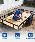 Man installing wood deck on trailer using 100 Pcs 5/16-18 X 2-1/2 Inch Flat Head Deck Screws Pro Grade For Hardwood And Laminate Flooring.
