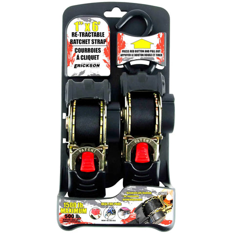No Nonsense Retractable Ratcheting Tie Down Straps 2 Pack Black 1 In X 6 Ft With Vinyl Coated Hooks displayed on packaging.