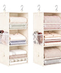 Snap Together Six Tier Hanging Closet Organizer, Collapsible Wardrobe Rack For Dorms, Beige Vertical Space Hack For Easy Heavy Duty Storage Solutions with folded fabric shelves.