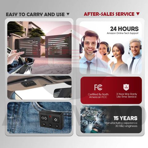 5 Button Gate Opener Remote Transmitter 3 Pack with Ultra Long Range up to 1000 Feet, easy setup demonstration and support service.