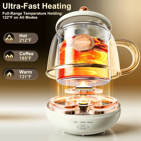 14 Oz Travel Electric Kettle With Rapid Heating To 212 Degrees Fahrenheit Temperature Control Mug Warmer For Coffee Tea And More On The Go RV Camping Kettle One Button Operation 110V, showing an open kettle with heating modes