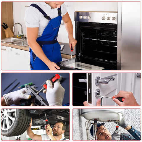 Collage showing 191 In 1 Electronics Precision Screwdriver Set used for oven, electronics, car, door, and plumbing repairs.