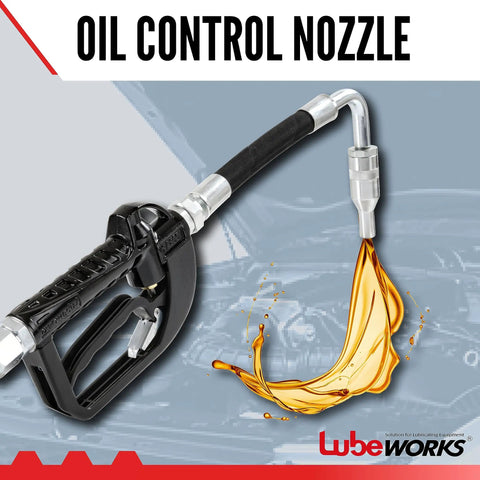 Oil Transfer Pump Control Valve Nozzle Manual 1-35 LPM And 0.3-9.2 GPM with ergonomic aluminum handle, oil flow illustration