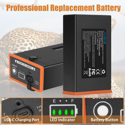 4 Pack 6700mAh Rechargeable Batteries Plus 4 Port Fast Charger For Edge Series Trail Cameras showcased with USB-C port and LED indicator.