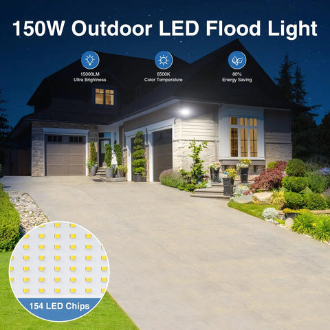 No Cap 150W LED Flood Lights Outdoor With 3 Adjustable Heads, IP65 Waterproof Design, Screaming 15000 Lumen Performance For Secure Yard Setup, Epic Patio Illumination, 2 Pack illuminating a driveway at night.