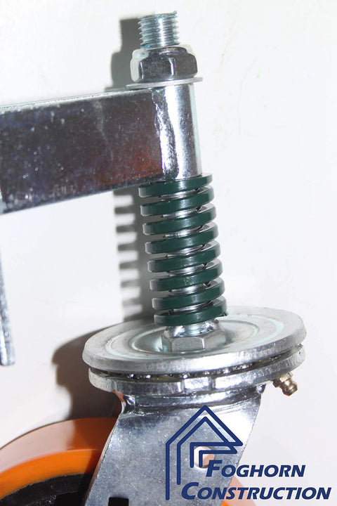 Heavy Duty 6X2 Inch Gate Caster With Spring Suspension and Full 360 Degree Swivel Wheel, showing spring and metal hub.