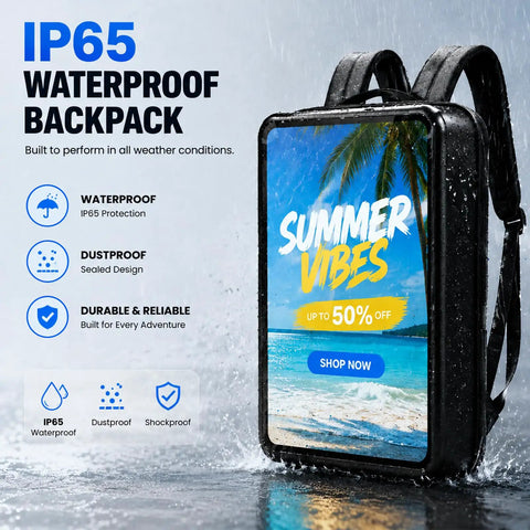 Rock Solid 21.5 Inch Touch Screen Led Advertising Backpack With Android Os And Hella Bright Ip65 Waterproof Display showcasing waterproof features.