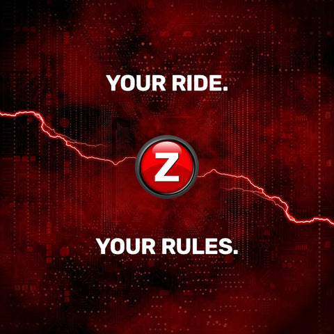 Graphic with text 'Your Ride. Your Rules.' and a red 'Z' logo on a dark red tech background.