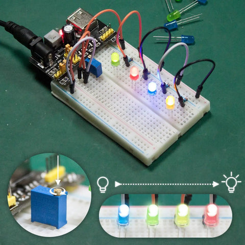 Hella Sweet 298 Piece Electronics Starter Kit With Breadboard Compatible With Arduino And Raspberry Pi featuring LED lights and connections.