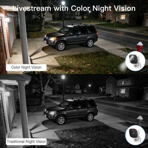 Comparison of color night vision and traditional night vision using 2.5K Outdoor Indoor Security Camera System With Color Night Vision.