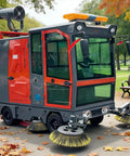 Ride on Industrial Sweeper Machine For Commercial Floor Cleaning, red and gray color, designed for large outdoor spaces.