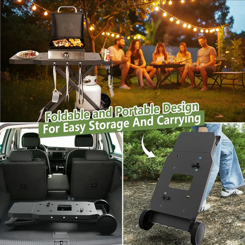 Portable Grill Cart For 17 And 22 Inch Griddles with foldable table and propane tank holder in backyard setting
