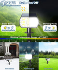 Outdoor Solar Lights IP68 Waterproof With 56 LEDs Dusk To Dawn 3 Brightness Modes showing solar charging and weather resistance.