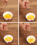 Milk Frother Handheld Electric Foamer Portable Mini Mixer in use, frothing liquid in a bowl on a wooden surface.