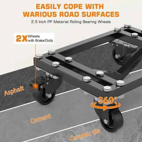 Heavy Duty Set Of 4 Car Wheel Dollies Featuring 6000 Lbs Capacity Tire Skates Cart with 2.5 inch PP wheels on various surfaces.