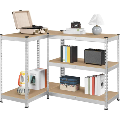 Built Like A Tank Five Tier Storage Shelf With Heavy Duty Iron Frame And Solid Wood Boards Silver Finish displayed with books and decor.