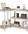 Badass 5 Tier Metal Storage Shelving Unit Heavy Duty Steel Rack With Rock Solid MDF Shelves silver color, displaying books and decor.