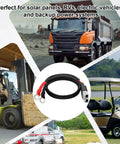 Heavy Duty 8Awg Power Cable 10 Feet Long With Slick Anderson Quick Connect Plugs and Rock Solid O Ring Terminals for Solar RV EV and Backup Gear Straight Fire shown in use with various vehicles.